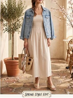 H&M 100% Cotton Smocked Midi Dress | Light Beige XS | Made in India